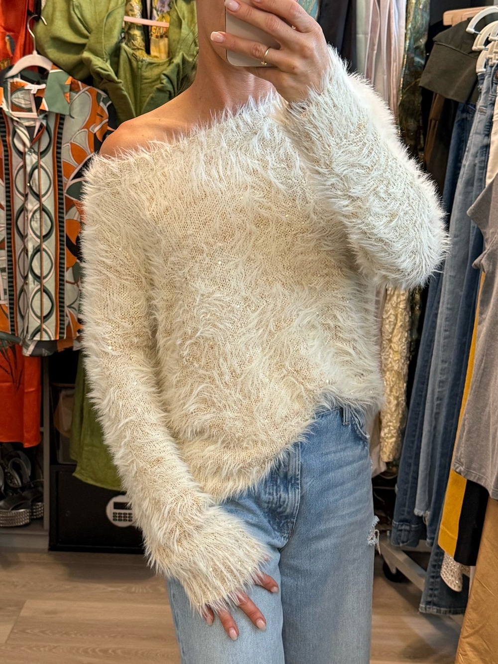 Midnight Velvet Metallic Sparkle Cream Fuzzy Off-Shoulder Sweater NWT